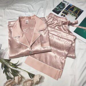 2/$30 NEW Pink Satin Pajama Set Long Sleeve Top with Pants Heart PJ